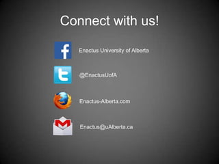 Connect with us!
Enactus University of Alberta
@EnactusUofA
Enactus-Alberta.com
Enactus@uAlberta.ca
 