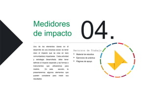Medidores
de impacto
Uno de los elementos claves en el
desarrollo de una empresa social, es tener
claro el impacto que se crea en la(s)
comunidad(es) impactadas. Cada actividad
y estrategia desarrollada, debe tener
definido el impacto esperado y las formas e
instrumentos que utilizaremos para
medirlo. En esta sección, le
presentaremos algunos elementos que
pueden considerar para medir sus
resultados.
Recursos de Trabajo
• Material de estudios
• Ejercicios de práctica
• Páginas de apoyo
 
