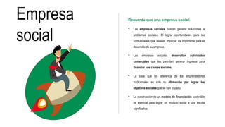 Recuerda que una empresa social:
• Las empresas sociales buscan generar soluciones a
problemas sociales. El lograr oportunidades para las
comunidades que desean impactar es importante para el
desarrollo de su empresa.
• Las empresas sociales desarrollan actividades
comerciales que les permiten generar ingresos para
financiar sus causas sociales.
• La base que les diferencia de los emprendedores
tradicionales es solo su afirmación por lograr los
objetivos sociales que se han trazado.
• La construcción de un modelo de financiación sostenible
es esencial para lograr un impacto social a una escala
significativa.
Empresa
social
 