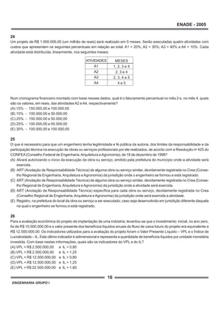 ENGENHARIA GRUPO I
16
ENADE - 2005
24
Um projeto de R$ 1.000.000,00 (um milhão de reais) será realizado em 5 meses. Serão executadas quatro atividades com
custos que apresentam os seguintes percentuais em relação ao total: A1 = 20%; A2 = 30%; A3 = 40% e A4 = 10%. Cada
atividade está distribuída, linearmente, nos seguintes meses:
Num cronograma financeiro montado com base nesses dados, qual é o faturamento percentual no mês 2 e, no mês 4, quais
são os valores, em reais, das atividadesA2 e A4, respectivamente?
(A) 15% − 150.000,00 e 100.000,00
(B) 15% − 100.000,00 e 50.000,00
(C) 25% − 150.000,00 e 50.000,00
(D) 25% − 100.000,00 e 50.000,00
(E) 30% − 100.000,00 e 100.000,00
25
O que é necessário para que um engenheiro tenha legitimidade e fé pública da autoria, dos limites da responsabilidade e da
participação técnica na execução de obras ou serviços profissionais por ele realizados, de acordo com a Resolução no
425 do
CONFEA(Conselho Federal de Engenharia,Arquitetura eAgronomia), de 18 de dezembro de 1998?
(A) Alvará autorizando o início da execução da obra ou serviço, emitido pela prefeitura do município onde a atividade será
exercida.
(B) ART (Anotação de Responsabilidade Técnica) de alguma obra ou serviço similar, devidamente registrada no Crea (Conse-
lho Regional de Engenharia, Arquitetura eAgronomia) da jurisdição onde o engenheiro se formou e está registrado.
(C) ART (Anotação de Responsabilidade Técnica) de alguma obra ou serviço similar, devidamente registrada no Crea (Conse-
lho Regional de Engenharia,Arquitetura eAgronomia) da jurisdição onde a atividade será exercida.
(D) ART (Anotação de Responsabilidade Técnica) específica para cada obra ou serviço, devidamente registrada no Crea
(Conselho Regional de Engenharia,Arquitetura eAgronomia) da jurisdição onde será exercida a atividade.
(E) Registro, na prefeitura do local da obra ou serviço a ser executado, caso seja desenvolvido em jurisdição diferente daquela
na qual o engenheiro se formou e está registrado.
26
Para a avaliação econômica do projeto de implantação de uma indústria, levantou-se que o investimento inicial, no ano zero,
foi de R$ 10.000.000,00 e o valor presente dos benefícios líquidos anuais do fluxo de caixa futuro do projeto era equivalente a
R$ 12.500.000,00. Os indicadores utilizados para a avaliação do projeto foram o Valor Presente Líquido – VPL e o Índice de
Lucratividade – IL. Este último indicador é adimensional e representa a quantidade de benefícios líquidos por unidade monetária
investida. Com base nestas informações, quais são os indicadores do VPL e do IL?
(A) VPL = R$ 2.500.000,00 e IL = 0,80
(B) VPL = R$ 2.500.000,00 e IL = 1,25
(C) VPL = R$ 12.500.000,00 e IL = 0,80
(D) VPL = R$ 12.500.000,00 e IL = 1,25
(E) VPL = R$ 22.500.000,00 e IL = 1,80
ATIVIDADES
A1
A2
A3
A4
MESES
1, 2, 3 e 4
2, 3 e 4
2, 3, 4 e 5
4 e 5
 