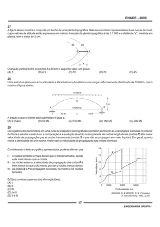 17
ENADE - 2005
ENGENHARIA GRUPO I
27
A figura abaixo mostra o croqui de um trecho de uma planta topográfica. Nela se encontram representadas duas curvas de nível,
cujos valores de altitude estão expressos em metros. Aescala da planta topográfica é de 1:1.000 e a distância “x” , medida em
planta, tem o valor de 2 cm.
O ângulo vertical entre os pontos A e B tem o seguinte valor, em graus:
(A) 1 (B) 4,5 (C) 10 (D) 20 (E) 45
28
Uma estrutura plana em arco articulado e atirantado é submetida a uma carga uniformemente distribuída de 10 kN/m, como
mostra a figura abaixo.
A tração a que o tirante está submetido é igual a:
(A) 0 (nula) (B) 50 kN (C) 100 kN (D) 150 kN (E) 200 kN
29
Os registros dos terremotos em uma rede de estações sismográficas permitem conhecer as velocidades sísmicas no interior
da Terra e estudar a estrutura, a composição e a evolução atual do nosso planeta.As ondas longitudinais (ondas P) têm maior
velocidade de propagação que as ondas transversais (ondas S – que não se propagam em meio líquido). Em geral, quanto
maior a densidade de uma rocha, maior será a velocidade de propagação das ondas sísmicas.
É(São) correta(s) apenas a(s) afirmação(ões):
(A) I.
(B) II.
(C) III.
(D) I e II.
(E) II e III.
A
2040
B
x
5 m
C
10 kN/m
BA TIRANTE
10 m10 m
Considerando o texto e o gráfico apresentados, pode-se afirmar que
I - o núcleo terrestre é mais denso que o manto terrestre, sendo
este mais denso que a crosta;
II - no núcleo externo, a velocidade de propagação das ondas P é
bem menor do que a do manto, por ser o núcleo menos denso;
III - as ondas S e P se propagam na crosta, no manto e no núcleo
terrestre.
0 2000 4000 6000
S
4
6
8
10
12
14
Velocidade,km/s
Profundidade, km
P
(MASON, B. & MOORE, C. B. Principles
of Geochemistry, 1982, p.29)
 