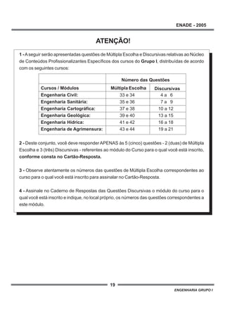 19
ENADE - 2005
ENGENHARIA GRUPO I
1 -Aseguir serão apresentadas questões de Múltipla Escolha e Discursivas relativas ao Núcleo
de Conteúdos Profissionalizantes Específicos dos cursos do Grupo I, distribuídas de acordo
com os seguintes cursos:
2 - Deste conjunto, você deve responder APENAS às 5 (cinco) questões - 2 (duas) de Múltipla
Escolha e 3 (três) Discursivas - referentes ao módulo do Curso para o qual você está inscrito,
conforme consta no Cartão-Resposta.
3 - Observe atentamente os números das questões de Múltipla Escolha correspondentes ao
curso para o qual você está inscrito para assinalar no Cartão-Resposta.
4 - Assinale no Caderno de Respostas das Questões Discursivas o módulo do curso para o
qual você está inscrito e indique, no local próprio, os números das questões correspondentes a
este módulo.
ATENÇÃO!
Engenharia Civil:
Engenharia Sanitária:
Engenharia Cartográfica:
Engenharia Geológica:
Engenharia Hídrica:
Engenharia de Agrimensura:
Número das Questões
Múltipla Escolha DiscursivasCursos / Módulos
33 e 34
35 e 36
37 e 38
39 e 40
41 e 42
43 e 44
4 a 6
7 a 9
10 a 12
13 a 15
16 a 18
19 a 21
 