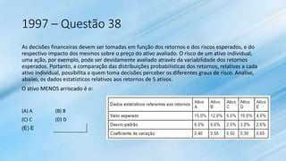 1997 – Questão 38
As decisões financeiras devem ser tomadas em função dos retornos e dos riscos esperados, e do
respectivo impacto dos mesmos sobre o preço do ativo avaliado. O risco de um ativo individual,
uma ação, por exemplo, pode ser devidamente avaliado através da variabilidade dos retornos
esperados. Portanto, a comparação das distribuições probabilísticas dos retornos, relativas a cada
ativo individual, possibilita a quem toma decisões perceber os diferentes graus de risco. Analise,
abaixo, os dados estatísticos relativos aos retornos de 5 ativos.
O ativo MENOS arriscado é o:
(A) A (B) B
(C) C (D) D
(E) E
 