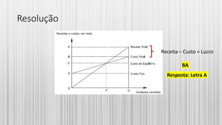 Resolução
Receita – Custo = Lucro
Resposta: Letra A
BA
 