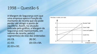 1998 – Questão 6
A Margem de Segurança com que
uma empresa opera é função do
montante de receita que ela pode
perder até atingir o ponto de
equilíbrio. Assim, na situação
indicada pelo gráfico, a Margem de
Segurança está representada, em
valores de receita, pelo(s)
segmento(s) do eixo das ordenadas:
(A) CB. (B) DC.
(C) ED. (D) CB e BA.
(E) ED e DC.
 