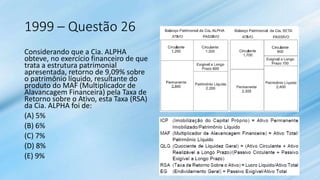 1999 – Questão 26
Considerando que a Cia. ALPHA
obteve, no exercício financeiro de que
trata a estrutura patrimonial
apresentada, retorno de 9,09% sobre
o patrimônio líquido, resultante do
produto do MAF (Multiplicador de
Alavancagem Financeira) pela Taxa de
Retorno sobre o Ativo, esta Taxa (RSA)
da Cia. ALPHA foi de:
(A) 5%
(B) 6%
(C) 7%
(D) 8%
(E) 9%
 