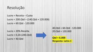 Resolução
Lucro = Receita – Custo
Lucro = 200.Qtd – (140.Qtd + 120.000)
Lucro = 60.Qtd - 120.000
Lucro = 20%.Receita
Lucro = 0,20.(200.Qtd)
Lucro = 40.Qtd
40.Qtd = 60.Qtd - 120.000
20.Qtd = 120.000
Qtd = 6.000
Resposta: Letra C
 
