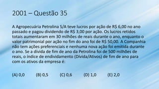 2001 – Questão 35
A Agropecuária Petrolina S/A teve lucros por ação de R$ 6,00 no ano
passado e pagou dividendo de R$ 3,00 por ação. Os lucros retidos
totais aumentaram em 30 milhões de reais durante o ano, enquanto o
valor patrimonial por ação no fim do ano foi de R$ 50,00. A Companhia
não tem ações preferenciais e nenhuma nova ação foi emitida durante
o ano. Se a dívida de fim de ano da Petrolina foi de 500 milhões de
reais, o índice de endividamento (Dívida/Ativos) de fim de ano para
com os ativos da empresa é:
(A) 0,0 (B) 0,5 (C) 0,6 (D) 1,0 (E) 2,0
 