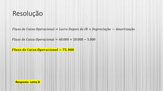 Resolução
𝐹𝑙𝑢𝑥𝑜 𝑑𝑒 𝐶𝑎𝑖𝑥𝑎 𝑂𝑝𝑒𝑟𝑎𝑐𝑖𝑜𝑛𝑎𝑙 = 𝐿𝑢𝑐𝑟𝑜 𝐷𝑒𝑝𝑜𝑖𝑠 𝑑𝑜 𝐼𝑅 + 𝐷𝑒𝑝𝑟𝑒𝑐𝑖𝑎çã𝑜 − 𝐴𝑚𝑜𝑟𝑡𝑖𝑧𝑎çã𝑜
𝐹𝑙𝑢𝑥𝑜 𝑑𝑒 𝐶𝑎𝑖𝑥𝑎 𝑂𝑝𝑒𝑟𝑎𝑐𝑖𝑜𝑛𝑎𝑙 = 60.000 + 20.000 − 5.000
𝑭𝒍𝒖𝒙𝒐 𝒅𝒆 𝑪𝒂𝒊𝒙𝒂 𝑶𝒑𝒆𝒓𝒂𝒄𝒊𝒐𝒏𝒂𝒍 = 𝟕𝟓. 𝟎𝟎𝟎
Resposta: Letra D
 