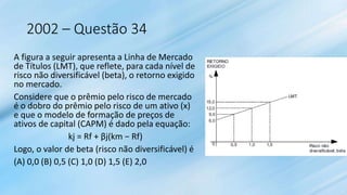 2002 – Questão 34
A figura a seguir apresenta a Linha de Mercado
de Títulos (LMT), que reflete, para cada nível de
risco não diversificável (beta), o retorno exigido
no mercado.
Considere que o prêmio pelo risco de mercado
é o dobro do prêmio pelo risco de um ativo (x)
e que o modelo de formação de preços de
ativos de capital (CAPM) é dado pela equação:
kj = Rf + βj(km − Rf)
Logo, o valor de beta (risco não diversificável) é
(A) 0,0 (B) 0,5 (C) 1,0 (D) 1,5 (E) 2,0
 