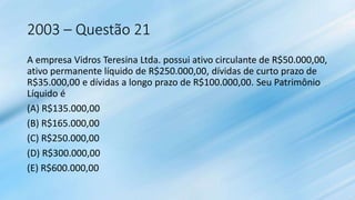 2003 – Questão 21
A empresa Vidros Teresina Ltda. possui ativo circulante de R$50.000,00,
ativo permanente líquido de R$250.000,00, dívidas de curto prazo de
R$35.000,00 e dívidas a longo prazo de R$100.000,00. Seu Patrimônio
Líquido é
(A) R$135.000,00
(B) R$165.000,00
(C) R$250.000,00
(D) R$300.000,00
(E) R$600.000,00
 