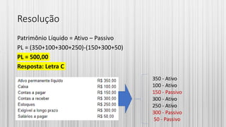 Resolução
Patrimônio Líquido = Ativo – Passivo
PL = (350+100+300+250)-(150+300+50)
PL = 500,00
Resposta: Letra C
350 - Ativo
100 - Ativo
150 - Passivo
300 - Ativo
250 - Ativo
300 - Passivo
50 - Passivo
 