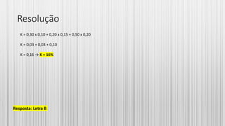 Resolução
K = 0,30 x 0,10 + 0,20 x 0,15 + 0,50 x 0,20
K = 0,03 + 0,03 + 0,10
K = 0,16 → K = 16%
Resposta: Letra B
 