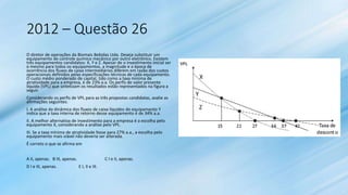 2012 – Questão 26
O diretor de operações da Biomais Bebidas Ltda. Deseja substituir um
equipamento de controle químico mecânico por outro eletrônico. Existem
três equipamentos candidatos: X, Y e Z. Apesar de o investimento inicial ser
o mesmo para todos os equipamentos, a magnitude e a época de
ocorrência dos fluxos de caixa intermediários diferem em razão dos custos
operacionais definidos pelas especificações técnicas de cada equipamento.
O custo médio ponderado de capital, tido como a taxa mínima de
atratividade para a empresa, é de 23% a.a. Os perfis de valor presente
líquido (VPL) que sintetizam os resultados estão representados na figura a
seguir.
Considerando os perfis de VPL para as três propostas candidatas, avalie as
afirmações seguintes.
I. A análise da dinâmica dos fluxos de caixa líquidos do equipamento Y
indica que a taxa interna de retorno desse equipamento é de 34% a.a.
II. A melhor alternativa de investimento para a empresa é a escolha pelo
equipamento X, considerando a análise pelo VPL.
III. Se a taxa mínima de atratividade fosse para 27% a.a., a escolha pelo
equipamento mais viável não deveria ser alterada.
É correto o que se afirma em
A II, apenas. B III, apenas. C I e II, apenas.
D I e III, apenas. E I, II e III.
 