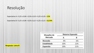 Resolução
Expectativa A = 0,25 x 0,04 + 0,50 x 0,10 + 0,25 x 0,20 = 11%
Expectativa B = 0,25 x 0,06 + 0,50 x 0,12 + 0,25 x 0,21 = 12,75%
Resposta: Letra B
 