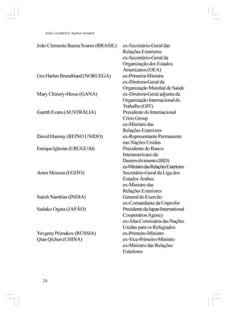 JOÃO CLEMENTE BAENA SOARES



João Clemente Baena Soares (BRASIL)   ex-Secretário-Geral das
                                      Relações Exteriores
                                      ex-Secretário-Geral da
                                      Organização dos Estados
                                      Americanos (OEA)
Gro Harlen Brundtland (NORUEGA)       ex-Primeira-Ministra
                                      ex-Diretora-Geral da
                                      Organização Mundial de Saúde
Mary Chinery-Hesse (GANA)             ex-Diretora-Geral adjunta da
                                      Organização Internacional do
                                      Trabalho (OIT)
Gareth Evans (AUSTRÁLIA)              Presidente do Internacional
                                      Crisis Group
                                      ex-Ministro das
                                      Relações Exteriores
David Hannay (REINO UNIDO)            ex-Representante Permanente
                                      nas Nações Unidas
Enrique Iglesias (URUGUAI)            Presidente do Banco
                                      Interamericano de
                                      Desenvolvimento (BID)
                                      ex-Ministro das Relações Exteriores
Amre Moussa (EGITO)                   Secretário-Geral da Liga dos
                                      Estados Árabes
                                      ex-Ministro das
                                      Relações Exteriores
Satish Nambiar (ÍNDIA)                General do Exercito
                                      ex-Comandante da Unprofor
Sadako Ogata (JAPÃO)                  Presidente da Japan International
                                      Cooperation Agency
                                      ex-Alta-Comissária das Nações
                                      Unidas para os Refugiados
Yevgeny Primakov (RÚSSIA)             ex-Primeiro-Ministro
Qian Qichen (CHINA)                   ex-Vice-Primeiro-Ministro
                                      ex-Ministro das Relações
                                      Exteriores




  24
 