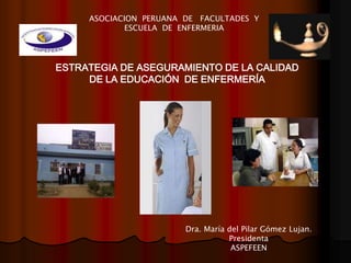 ASOCIACION  PERUANA  DE   FACULTADES  Y ESCUELA  DE  ENFERMERIA ESTRATEGIA DE ASEGURAMIENTO DE LA CALIDAD DE LA EDUCACIÓN  DE ENFERMERÍA  Dra. María del Pilar Gómez Lujan. Presidenta  ASPEFEEN 