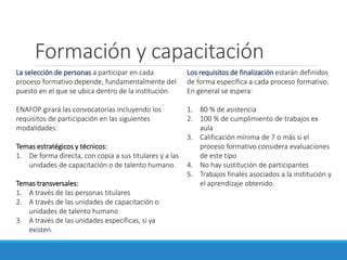 Formación y capacitación
La selección de personas a participar en cada
proceso formativo depende, fundamentalmente del
puesto en el que se ubica dentro de la institución.
ENAFOP girará las convocatorias incluyendo los
requisitos de participación en las siguientes
modalidades:
Temas estratégicos y técnicos:
1. De forma directa, con copia a sus titulares y a las
unidades de capacitación o de talento humano.
Temas transversales:
1. A través de las personas titulares
2. A través de las unidades de capacitación o
unidades de talento humano
3. A través de las unidades específicas, si ya
existen.
Los requisitos de finalización estarán definidos
de forma específica a cada proceso formativo.
En general se espera:
1. 80 % de asistencia
2. 100 % de cumplimiento de trabajos ex
aula
3. Calificación mínima de 7 o más si el
proceso formativo considera evaluaciones
de este tipo
4. No hay sustitución de participantes
5. Trabajos finales asociados a la institución y
el aprendizaje obtenido.
 