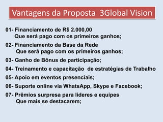 Vantagens da Proposta 3Global Vision
01- Financiamento de R$ 2.000,00
Que será pago com os primeiros ganhos;
02- Financiamento da Base da Rede
Que será pago com os primeiros ganhos;
03- Ganho de Bônus de participação;
04- Treinamento e capacitação de estratégias de Trabalho
05- Apoio em eventos presenciais;
06- Suporte online via WhatsApp, Skype e Facebook;
07- Prêmios surpresa para lideres e equipes
Que mais se destacarem;
 