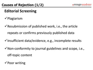 Editorial Screening
Plagiarism
Resubmission of published work, i.e., the article
repeats or confirms previously published data
Insufficient data/evidence, e.g., incomplete results
Non-conformity to journal guidelines and scope, i.e.,
off-topic content
Poor writing
Causes of Rejection (1/2)
 