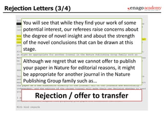 Rejection Letters (3/4)
You will see that while they find your work of some
potential interest, our referees raise concerns about
the degree of novel insight and about the strength
of the novel conclusions that can be drawn at this
stage.
Although we regret that we cannot offer to publish
your paper in Nature for editorial reasons, it might
be appropriate for another journal in the Nature
Publishing Group family such as…
Rejection / offer to transfer
 