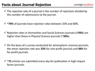 Facts about Journal Rejection
 The rejection rate of a journal is the number of rejections divided by
the number of submissions to the journal.
 ~79% of journals have rejection rates between 25% and 60%.
 Rejection rates in Humanities and Social Sciences journals (>70%) are
higher than those in Physical Science journals (~30%).
 On the basis of a survey conducted for atmospheric sciences journals,
the mean rejection rate was 33% for non-profit journals and 48% for
for-profit journals.
 ~75 articles are submitted every day for publication in high-impact
factor journals.
 