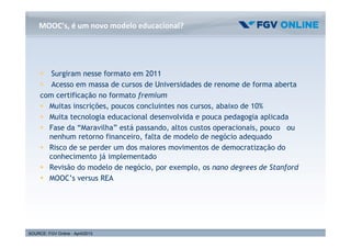 www.fgv.br/fgvonline 
MOOC’s, é um novo mmooddeelloo eedduuccaacciioonnaall?? 
 Surgiram nesse formato em 2011 
 Acesso em massa de cursos de Universidades de renome de forma aberta 
com certificação no formato fremium 
 Muitas inscrições, poucos concluintes nos cursos, abaixo de 10% 
 Muita tecnologia educacional desenvolvida e pouca pedagogia aplicada 
 Fase da “Maravilha” está passando, altos custos operacionais, pouco ou 
nenhum retorno financeiro, falta de modelo de negócio adequado 
 Risco de se perder um dos maiores movimentos de democratização do 
conhecimento já implementado 
 Revisão do modelo de negócio, por exemplo, os nano degrees de Stanford 
 MOOC’s versus REA 
SOURCE: FGV Online - April/2013 
 