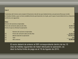 Caso 2

Tratándose del mismo socio enajenó 10 acciones más de las que todavía tenía a una persona física que reside
en Estados Unidos y que no tiene establecimiento permanente en el país, por lo que el socio determinó su impuesto
conforme a lo siguiente:

Datos
Número de acciones enajenadas                                                                                 10
Precio de venta de cada una de ellas                                                                   30,000.00
Fecha en que se efectuó la operación                                                                   29-jul-10

            Número de acciones enajenadas                                                                     10
(X)         Precio de venta de cada una de ellas                                                       30,000.00
(=)         Monto total de la operación                                                               300,000.00
(X)         Tasa                                                                                            20%
(=)         ISR a retener                                                                              60,000.00


         El socio deberá de enterar el ISR correspondiente dentro de los 15
         días de hábiles siguientes de haber efectuado la operación, es
         decir la fecha límite de pago es el 19 de Agosto de 2010.
 