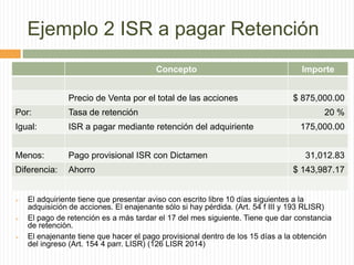 Ejemplo 2 ISR a pagar Retención
Concepto
Precio de Venta por el total de las acciones
Por:

Tasa de retención

Igual:

ISR a pagar mediante retención del adquiriente

Menos:

Pago provisional ISR con Dictamen

Diferencia:

Ahorro







Importe
$ 875,000.00
20 %
175,000.00
31,012.83

$ 143,987.17

El adquiriente tiene que presentar aviso con escrito libre 10 días siguientes a la
adquisición de acciones. El enajenante sólo si hay pérdida. (Art. 54 f III y 193 RLISR)
El pago de retención es a más tardar el 17 del mes siguiente. Tiene que dar constancia
de retención.
El enajenante tiene que hacer el pago provisional dentro de los 15 días a la obtención
del ingreso (Art. 154 4 parr. LISR) (126 LISR 2014)

 