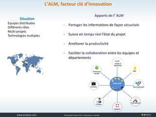 www.tuleap.com ©Copyright Enalean 2012. Reproduction interdite
L’ALM, facteur clé d’innovation
Situation
Equipes distribuées
Différents rôles
Multi-projets
Technologies multiples
Apports de l’ ALM
- Partager les informations de façon sécurisée
- Suivre en temps réel l’état du projet
- Améliorer la productivité
- Faciliter la collaboration entre les équipes et
départements
 