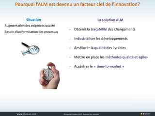 www.tuleap.com ©Copyright Enalean 2012. Reproduction interdite
Pourquoi l’ALM est devenu un facteur clef de l’innovation?
Situation
Augmentation des exigences qualité
Besoin d’uniformisation des processus
La solution ALM
- Obtenir la traçabilité des changements
- Industrialiser les développements
- Améliorer la qualité des livrables
- Mettre en place les méthodes qualité et agiles
- Accélérer le « time-to-market »
 