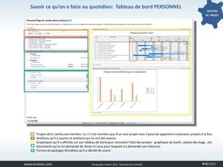 www.tuleap.com ©Copyright Enalean 2012. Reproduction interdite
GESTION
DE PROJET
Savoir ce qu’on a faire au quotidien: Tableau de bord PERSONNEL
Projets dont Landry est membre. Ici, il n’est membre que d’un seul projet mais il pourrait appartenir à plusieurs projets à la fois.
Artefacts qu’il a soumis et artefacts qui lui ont été soumis.
Graphiques qu’il a affichés sur son tableau de bord pour connaitre l’état des projets : graphique de Gantt, statuts des bugs, etc.
Documents qu’on lui demande de revoir et ceux pour lesquels il a demandé une relecture.
Forums et packages (livrables) qu’il a décidé de suivre
 