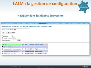 www.tuleap.com ©Copyright Enalean 2012. Reproduction interdite
GESTION DE LA
CONFIGURATION
L’ALM : la gestion de configuration
Naviguer dans les dépôts Subversion
 