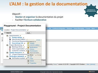 www.tuleap.com ©Copyright Enalean 2012. Reproduction interdite
L’ALM : la gestion de la documentation
Objectif :
- Stocker et organiser la documentation du projet
- Faciliter l’écriture collaborative
GESTION DE LA
DOCUMENTATION
 