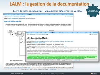 www.tuleap.com ©Copyright Enalean 2012. Reproduction interdite
L’ALM : la gestion de la documentation
Ecrire de façon collaborative – Visualiser les différences de versions GESTION DE LA
DOCUMENTATION
 