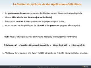 www.tuleap.com ©Copyright Enalean 2012. Reproduction interdite
Outil de suivi et de pilotage du patrimoine applicatif stratégique de l’entreprise
La Gestion du cycle de vie des Applications-Définitions
- La gestion coordonnée du processus de développement d’une application logicielle ,
- de son idée initiale à sa livraison (ou sa fin de vie),
- impliquant tous les acteurs participant au projet où qu’ils soient,
- et en respectant les politiques de sécurité et les processus propres à l’entreprise
Solution ALM = Solution d’Ingénierie Logicielle = Forge logicielle = Usine logicielle
Le “Software Development Life Cycle” (SDLC) fait partie de l’ ALM > l’ALM doit aller plus loin
 