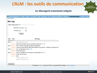 www.tuleap.com ©Copyright Enalean 2012. Reproduction interdite
L’ALM : les outils de communication OUTILS DE
COMMUNICATION
Ex: Messagerie instantanée intégrée
 