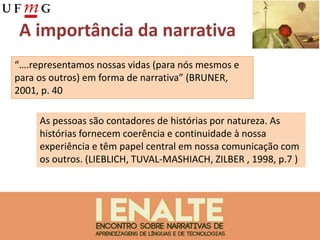 A importância da narrativa
representamos nossas vidas (para nós mesmos e
para os outros) em forma de narrativa” (BRUNER,
2001, p. 40
As pessoas são contadores de histórias por natureza. As
histórias fornecem coerência e continuidade à nossa
experiência e têm papel central em nossa comunicação com
os outros. (LIEBLICH, TUVAL-MASHIACH, ZILBER , 1998, p.7 )
 