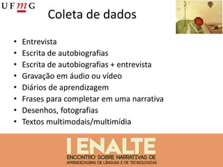 Coleta de dados
• Entrevista
• Escrita de autobiografias
• Escrita de autobiografias + entrevista
• Gravação em áudio ou vídeo
• Diários de aprendizagem
• Frases para completar em uma narrativa
• Desenhos, fotografias
• Textos multimodais/multimídia
 