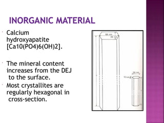  Calcium
hydroxyapatite
[Ca10(PO4)6(OH)2].
 The mineral content
increases from the DEJ
to the surface.
 Most crystallites are
regularly hexagonal in
cross-section.
 