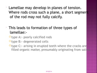  Lamellae may develop in planes of tension.
Where rods cross such a plane, a short segment
of the rod may not fully calcify.
 This leads to formation of three types of
lamellae:-
type A:- poorly calcified rods
type B:- degenerated cells
type C:- arising in erupted teeth where the cracks are
filled organic matter, presumably originating from saliva.
9/16/2014
 