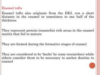 Enamel tufts Enamel tufts also originate from the DEJ, run a short distance in the enamel or sometimes to one half of the thickness They represent protein (enamelin) rich areas in the enamel matrix that fail to mature They are formed during the formative stages of enamel They are considered to be ‘faults’ by some researchers while others consider them to be necessary to anchor dentine to enamel 