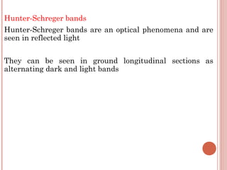 Hunter-Schreger bands Hunter-Schreger bands are an optical phenomena and are seen in reflected light They can be seen in ground longitudinal sections as alternating dark and light bands 
