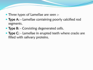  Three types of Lamellae are seen :-
 Type A: - Lamellae containing poorly calcified rod
segments.
 Type B: - Consisting degenerated cells.
 Type C: - Lamellae in erupted teeth where cracks are
filled with salivary proteins.
 