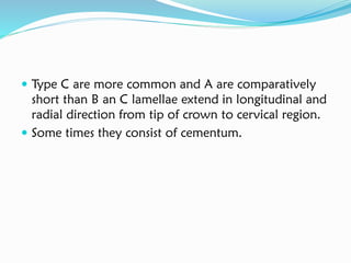  Type C are more common and A are comparatively
short than B an C lamellae extend in longitudinal and
radial direction from tip of crown to cervical region.
 Some times they consist of cementum.
 