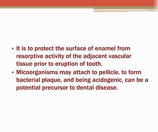 • It is to protect the surface of enamel from
resorptive activity of the adjacent vascular
tissue prior to eruption of tooth.
• Micoorganisms may attach to pellicle, to form
bacterial plaque, and being acidogenic, can be a
potential precursor to dental disease.
 