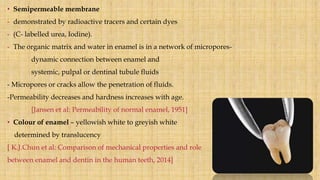 • Semipermeable membrane
- demonstrated by radioactive tracers and certain dyes
- (C- labelled urea, Iodine).
- The organic matrix and water in enamel is in a network of micropores-
dynamic connection between enamel and
systemic, pulpal or dentinal tubule fluids
- Micropores or cracks allow the penetration of fluids.
-Permeability decreases and hardness increases with age.
[Jansen et al: Permeability of normal enamel, 1951]
• Colour of enamel – yellowish white to greyish white
determined by translucency
[ K.J.Chun et al: Comparison of mechanical properties and role
between enamel and dentin in the human teeth, 2014]
 