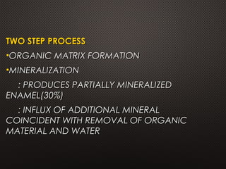 TWO STEP PROCESSTWO STEP PROCESS
•ORGANIC MATRIX FORMATIONORGANIC MATRIX FORMATION
•MINERALIZATIONMINERALIZATION
: PRODUCES PARTIALLY MINERALIZED: PRODUCES PARTIALLY MINERALIZED
ENAMEL(30%)ENAMEL(30%)
: INFLUX OF ADDITIONAL MINERAL: INFLUX OF ADDITIONAL MINERAL
COINCIDENT WITH REMOVAL OF ORGANICCOINCIDENT WITH REMOVAL OF ORGANIC
MATERIAL AND WATERMATERIAL AND WATER
 