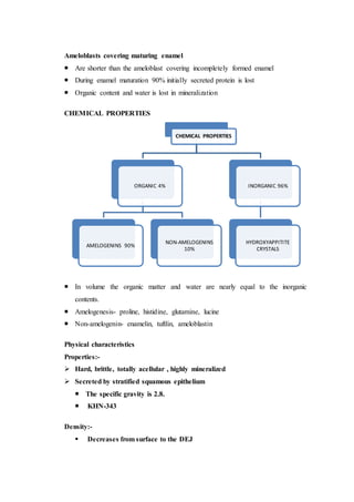 Ameloblasts covering maturing enamel
 Are shorter than the ameloblast covering incompletely formed enamel
 During enamel maturation 90% initially secreted protein is lost
 Organic content and water is lost in mineralization
CHEMICAL PROPERTIES
 In volume the organic matter and water are nearly equal to the inorganic
contents.
 Amelogenesis- proline, histidine, glutamine, lucine
 Non-amelogenin- enamelin, tuftlin, ameloblastin
Physical characteristics
Properties:-
 Hard, brittle, totally acellular , highly mineralized
 Secreted by stratified squamous epithelium
 The specific gravity is 2.8.
 KHN-343
Density:-
 Decreases from surface to the DEJ
CHEMICAL PROPERTIES
ORGANIC 4%
AMELOGENINS 90%
NON-AMELOGENINS
10%
INORGANIC 96%
HYDROXYAPPITITE
CRYSTALS
 