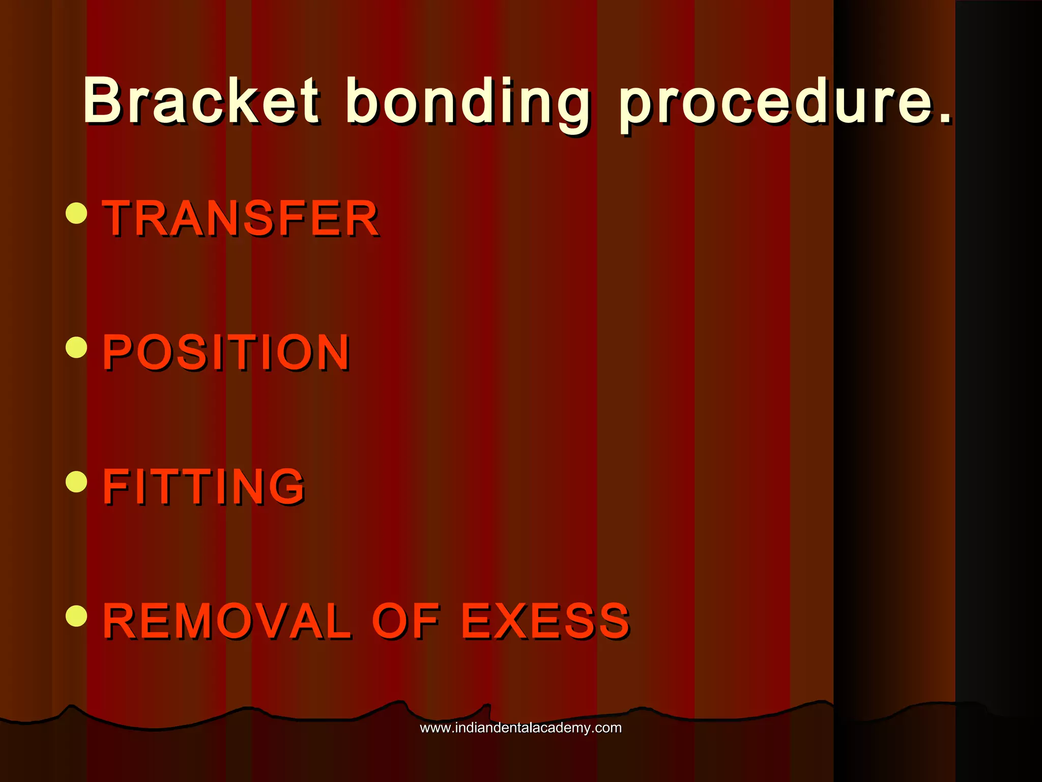 Bracket bonding procedure.
 TRANSFER
 POSITION
 FITTING
 REMOVAL

OF EXESS
www.indiandentalacademy.com

 